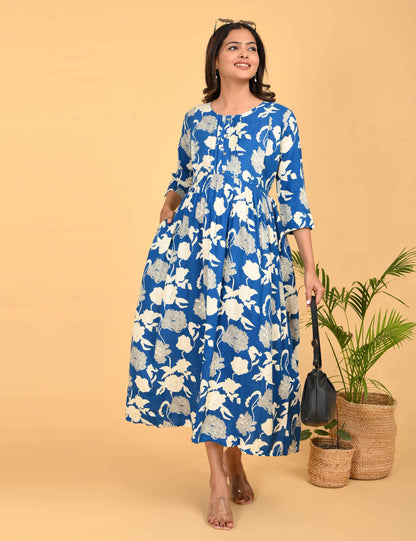 Blue-Colored Maternity 3/4th Gown