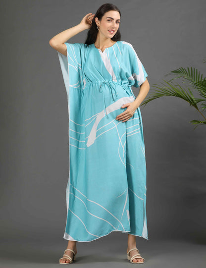 Turquoise-Colored Maternity Kaftan Long Gown