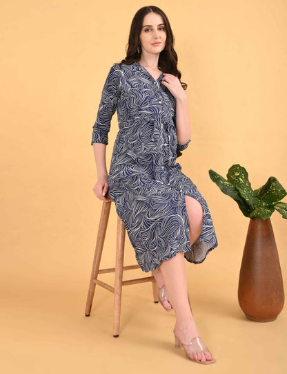Navy Blue-Colored Maternity 3/4th Gown