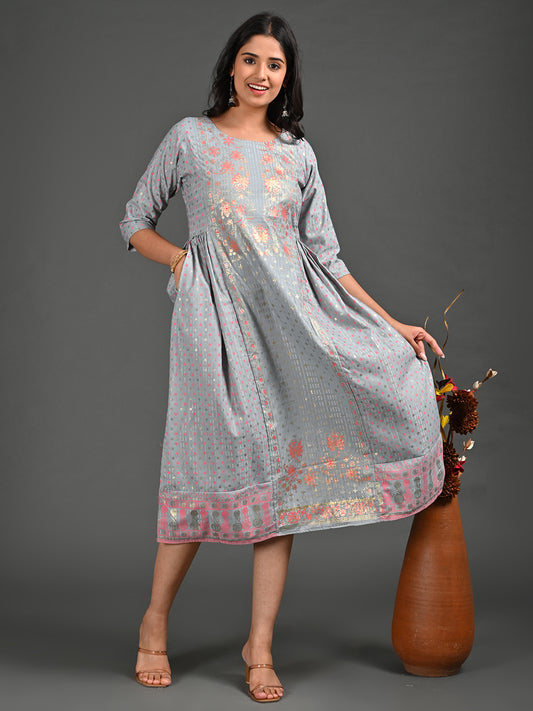 Womens Grey-Colored A-Line Kurta