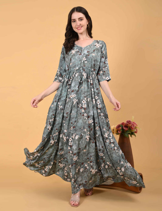 Womens Grey-Colored Premium Flare Gown