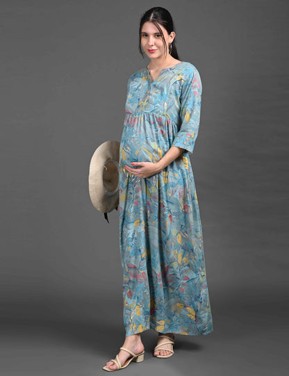 Womens Printed Maternity Long Gown - Grey