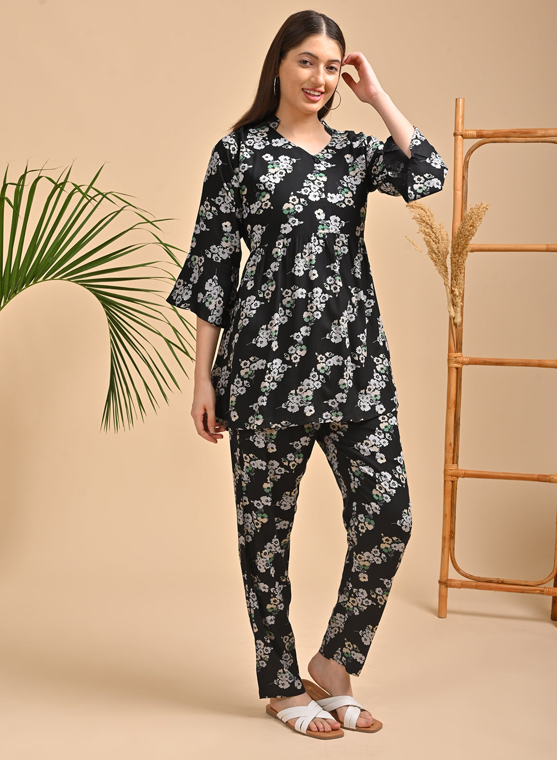 Womens Printed Co Ord Set - Black