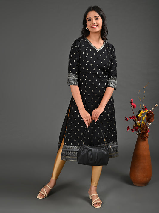 Womens Black-Colored A-Line Kurta