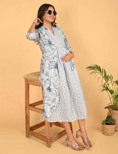 Grey-Colored Maternity 3/4th Gown