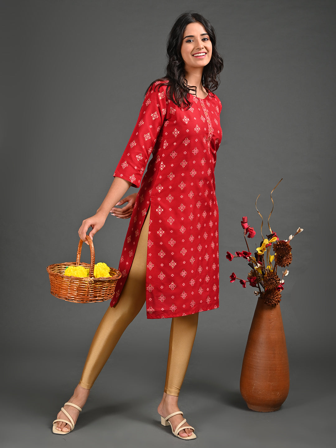 Womens Red-Colored Straight Kurta