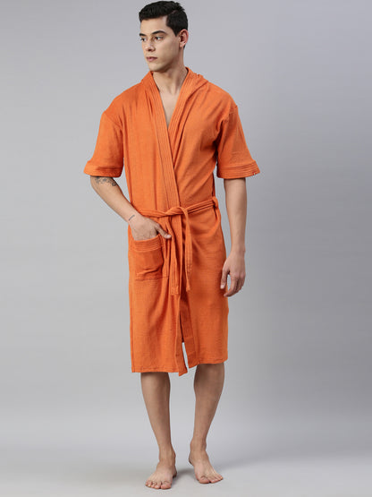 Mens Solid Hooded Bathrobe - Rust