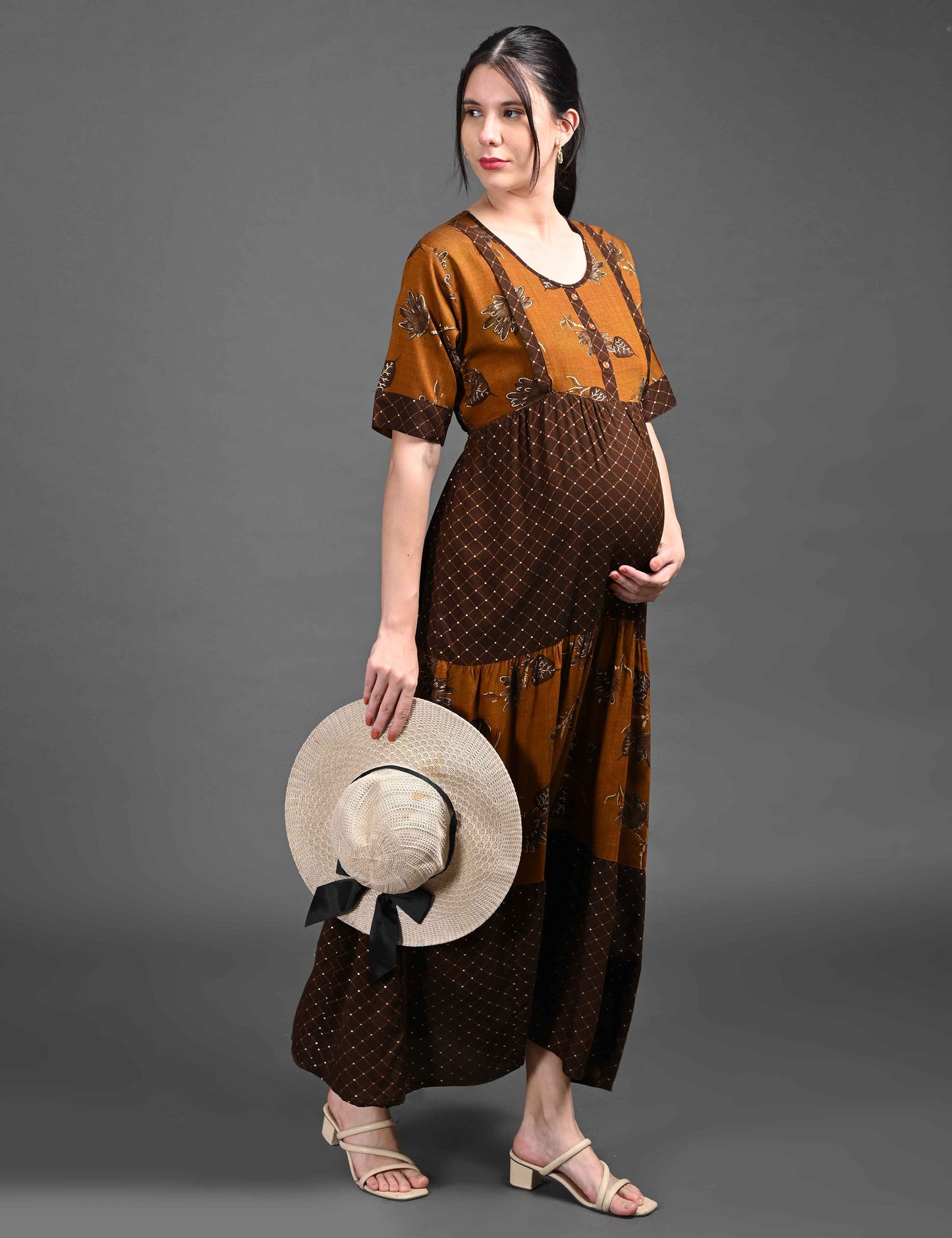 Brown-Colored Maternity Long Gown