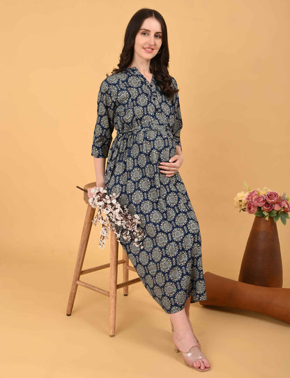 Navy Blue-Colored Maternity 3/4th Gown
