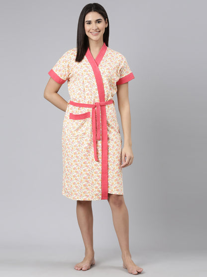 Womens Printed Bathrobe - Peach