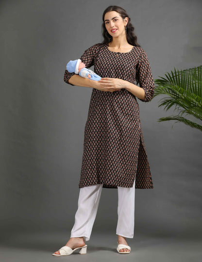 Womens Black-Colored Printed Feeding Kurta