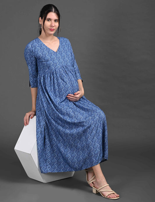 Blue-Colored Maternity 3/4th Gown