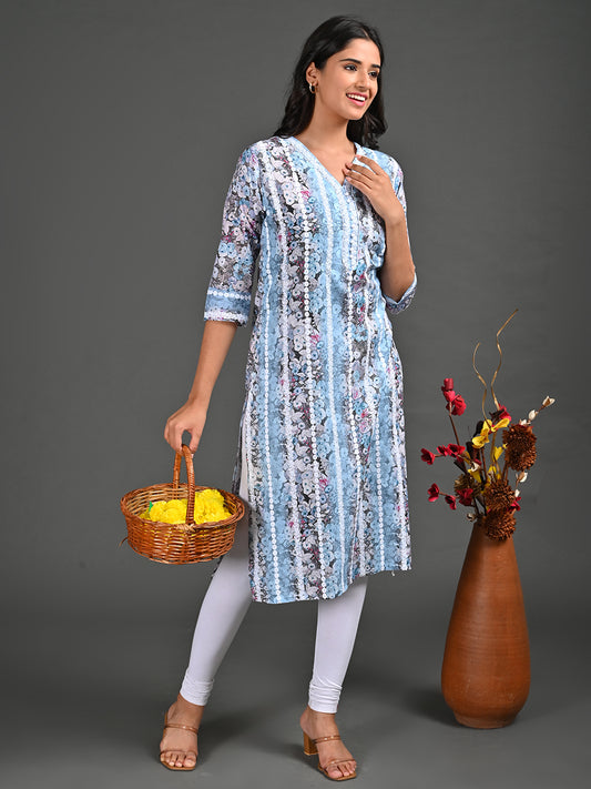 Womens Skyblue-Colored Straight Kurta