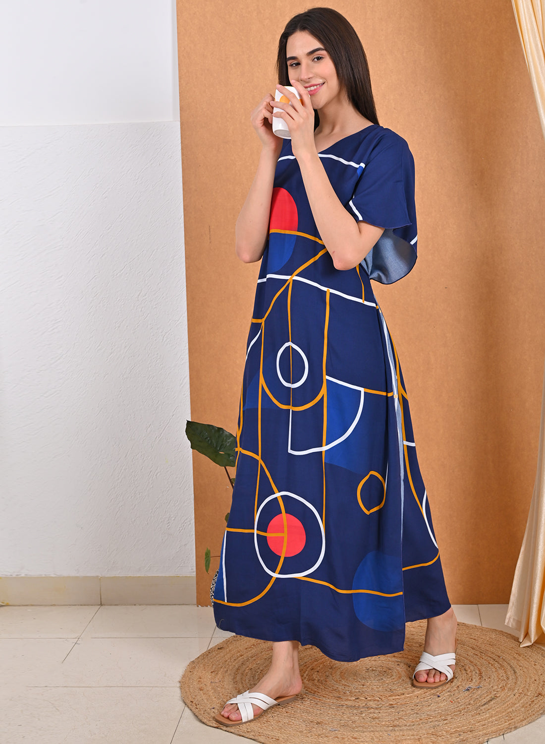 Womens Printed Kaftan Nightdress - Navy
