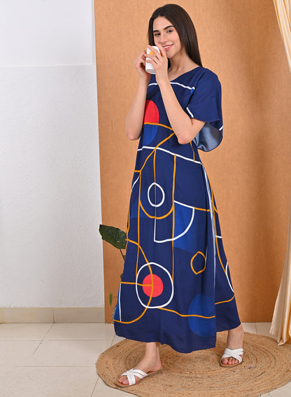 Womens Printed Kaftan Nightdress - Navy