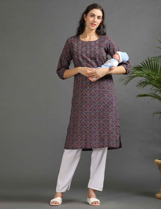 Womens Navy-Colored Printed Feeding Kurta