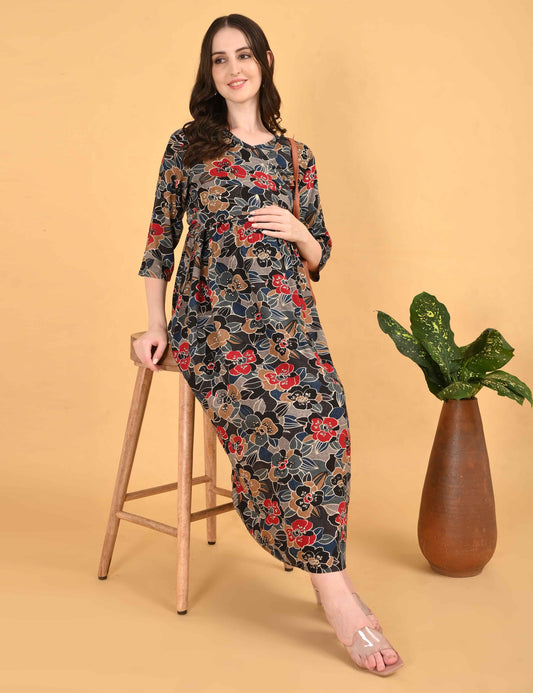 Black-Colored Maternity 3/4th Gown