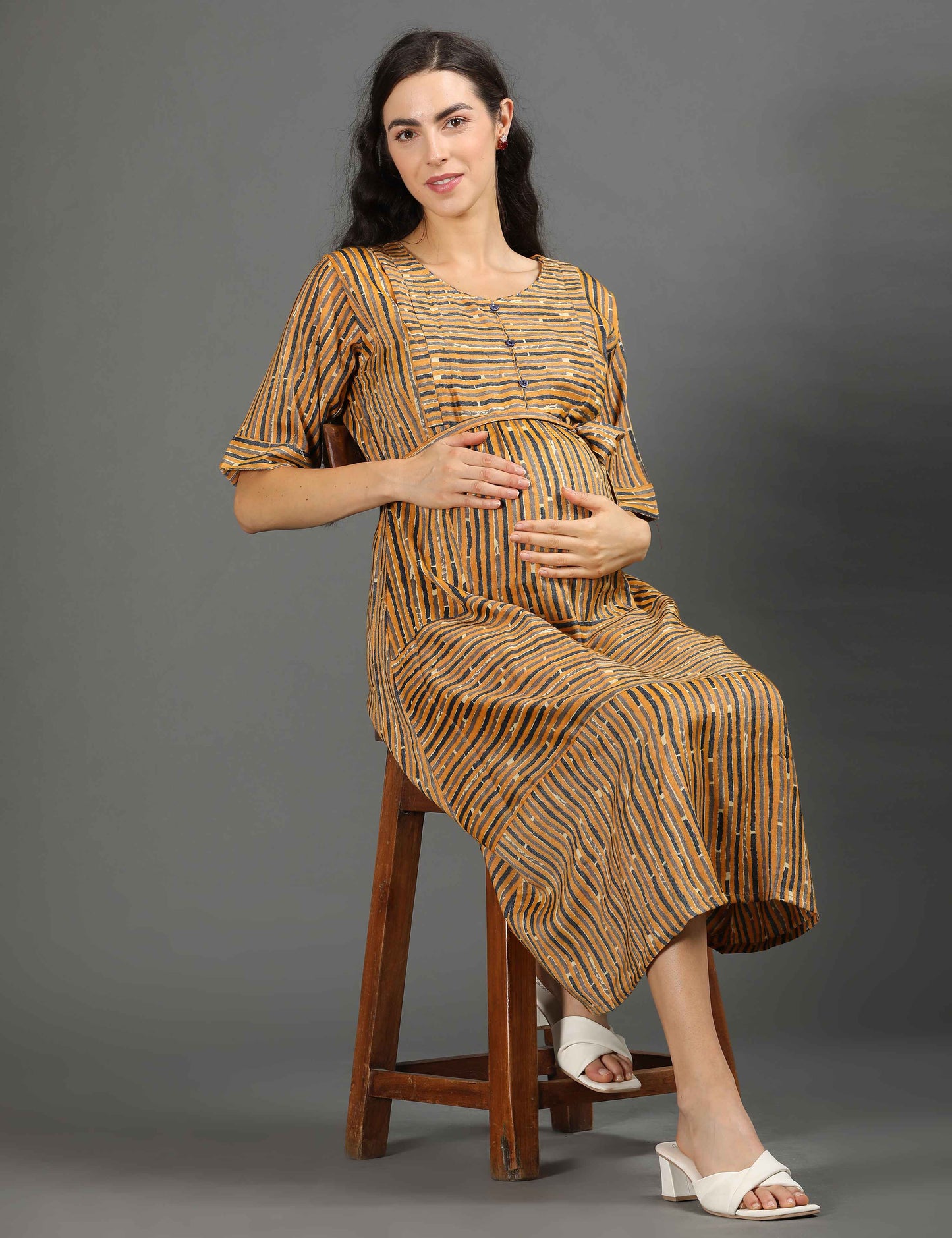 Mustard-Colored Maternity 3/4th Gown