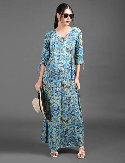 Womens Printed Maternity Long Gown - Blue