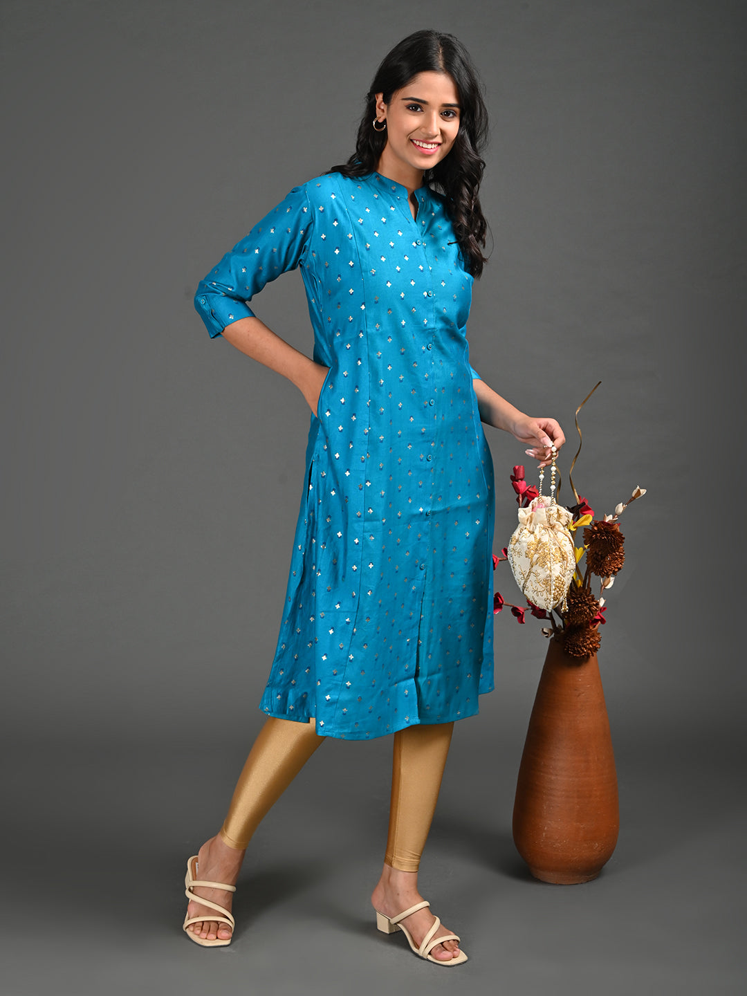 Womens Rama-Colored A-Line Kurta