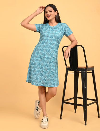 Sea Green-Colored Printed Short Nighty