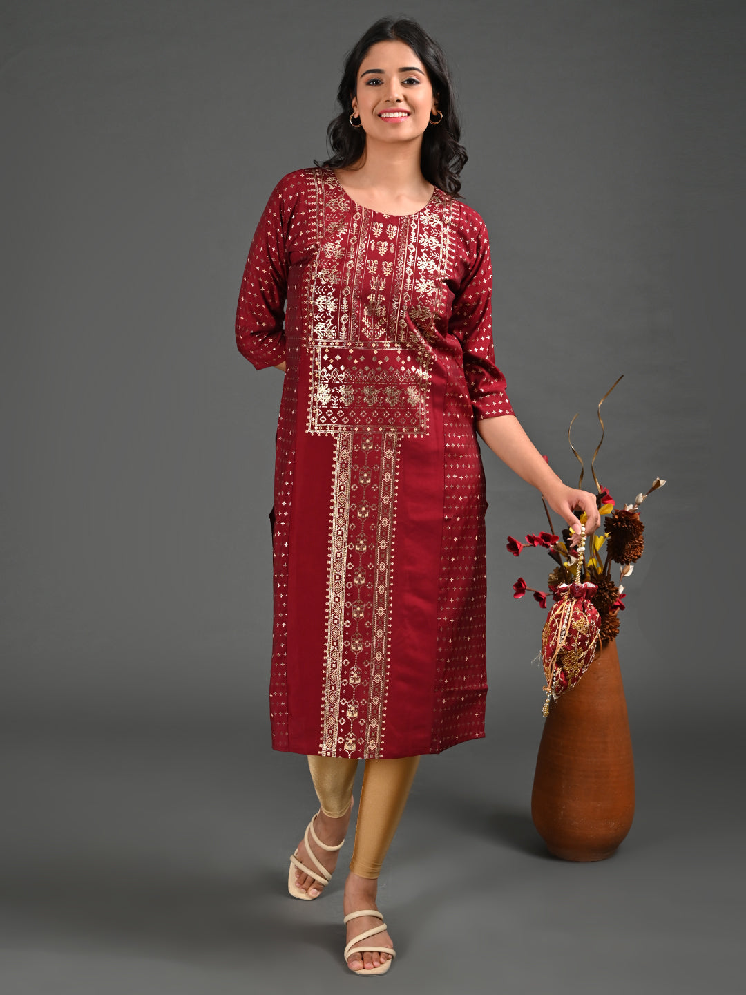 Womens Maroon-Colored Straight Kurta