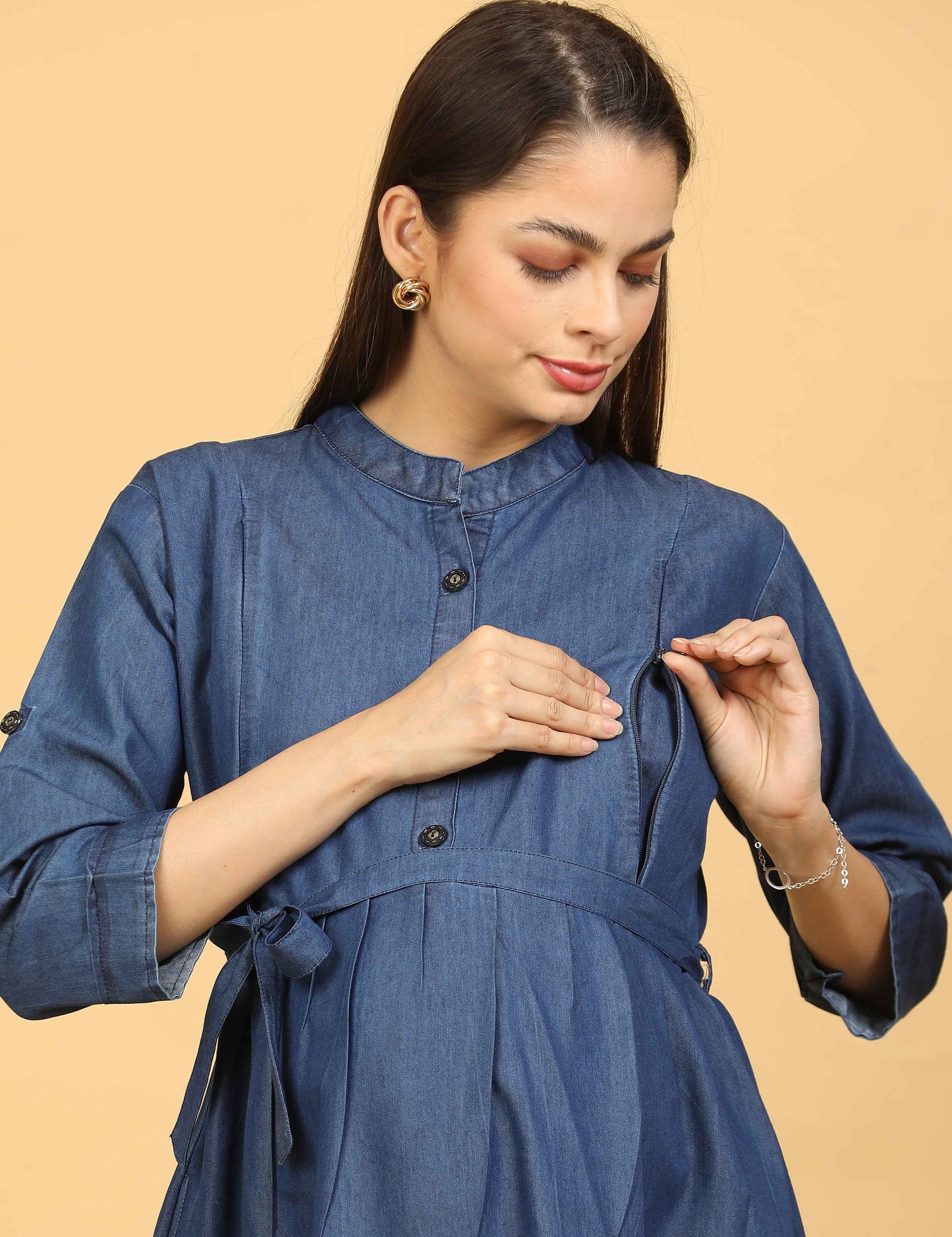 Womens Denim Maternity Long Gown - Blue