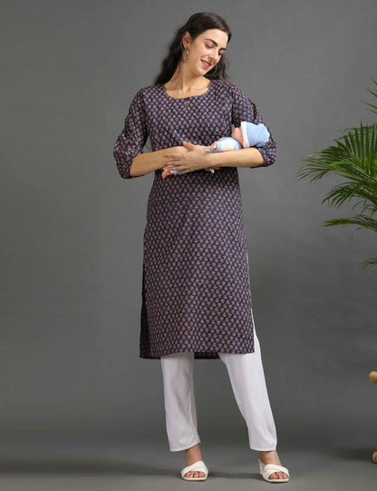 Womens Navy-Colored Printed Feeding Kurta