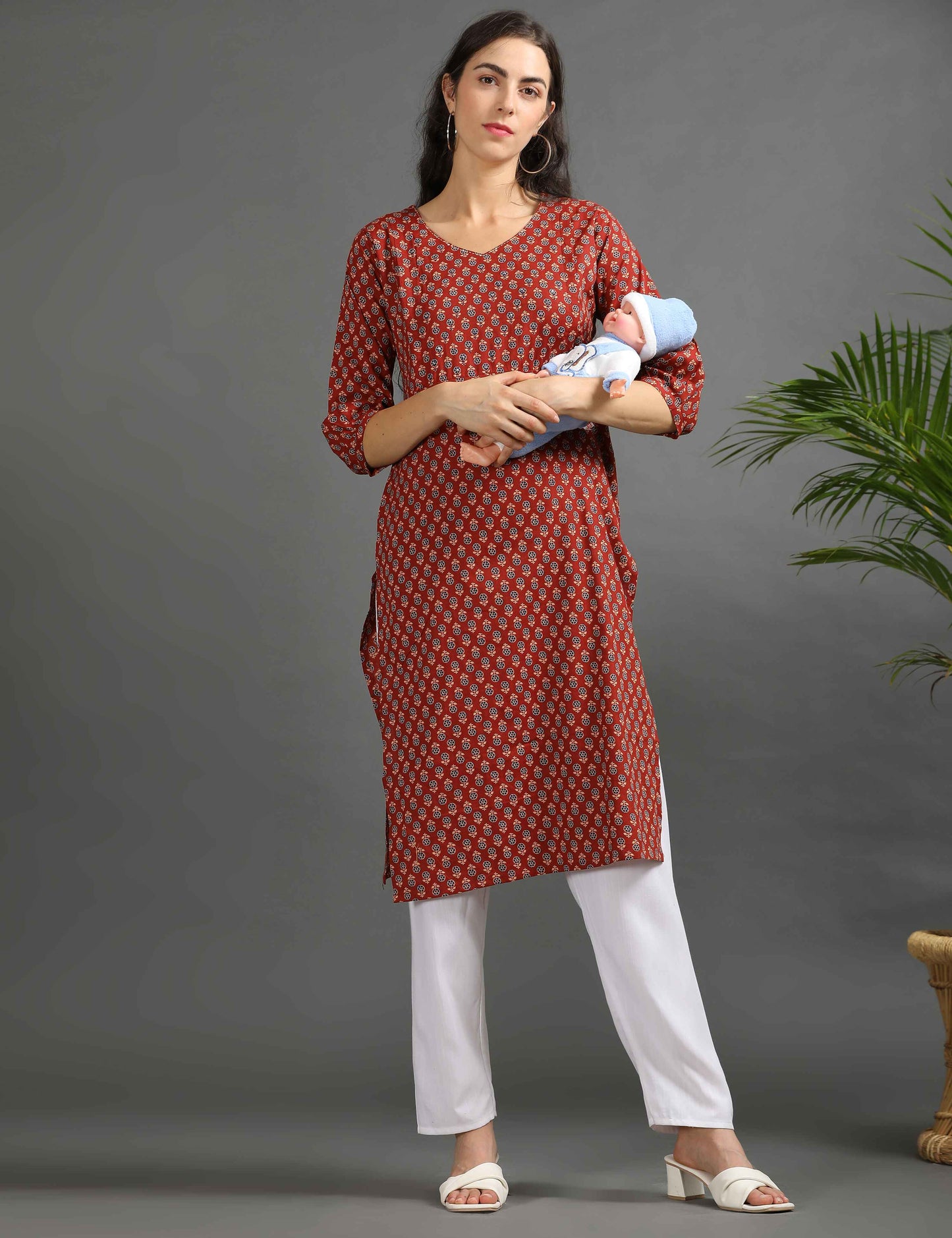 Womens Red-Colored Printed Feeding Kurta