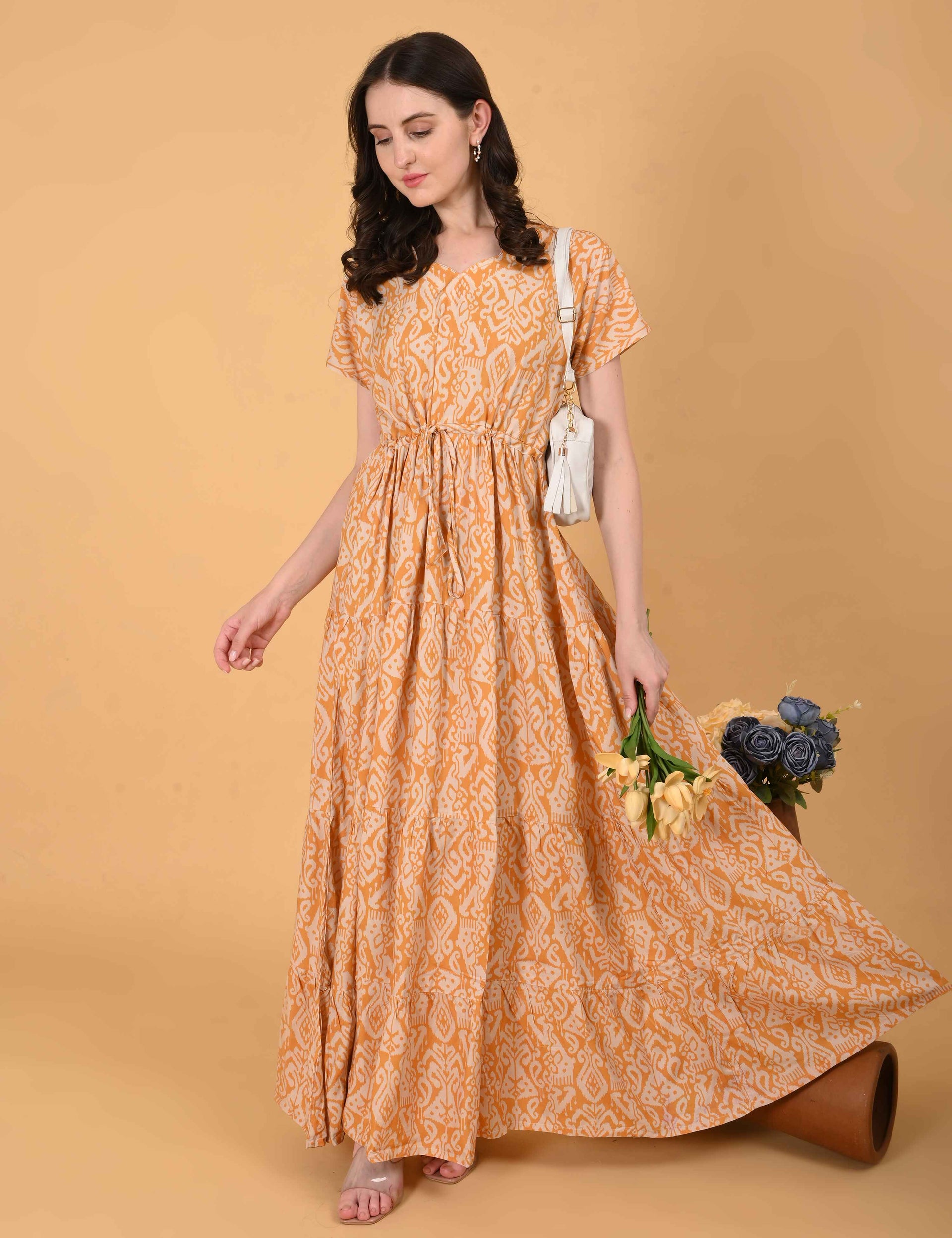 macy's fit and flare cocktail dress Womens Mustard-Colored Premium Flare Gown – MINELLI FASHION