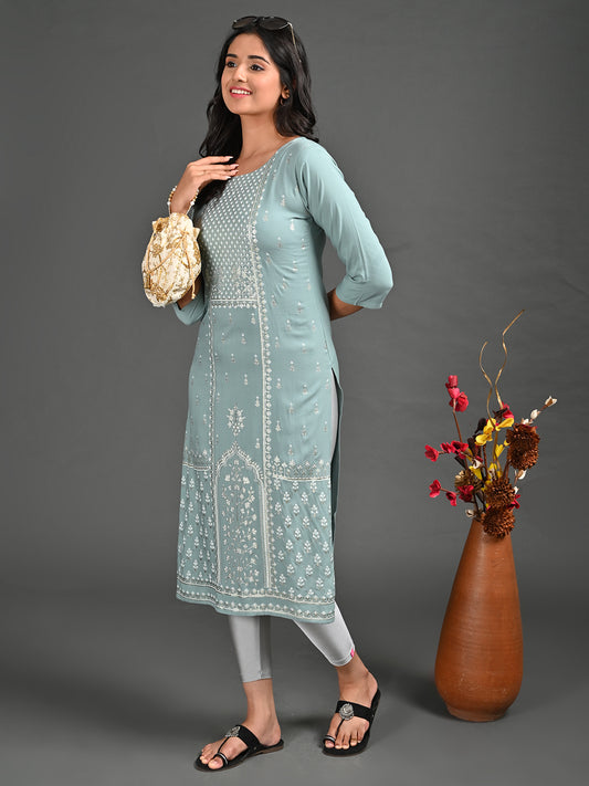 Womens Green-Colored Straight Kurta