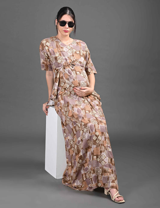 Womens Printed Maternity Long Gown - Brown