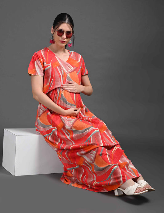 Womens Printed Maternity Long Gown - Orange