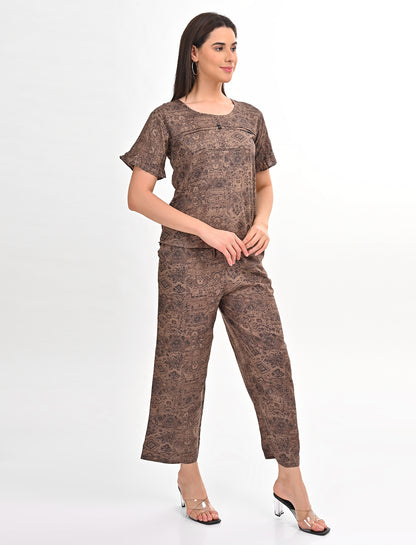 Womens Printed Co Ord Set - Brown