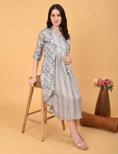 Grey-Colored Maternity 3/4th Gown