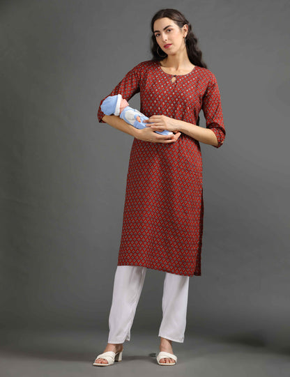 Womens Red-Colored Printed Feeding Kurta