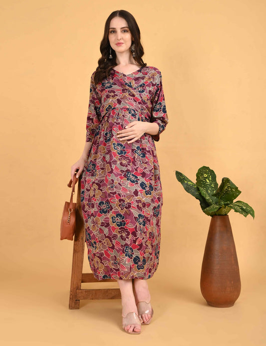 Wine-Colored Maternity 3/4th Gown