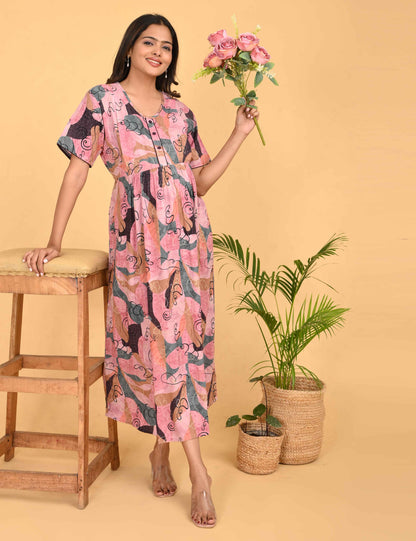 Pink-Colored Maternity 3/4th Gown