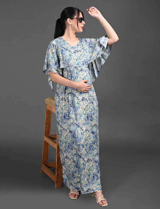 Womens Printed Maternity Long Gown - Blue