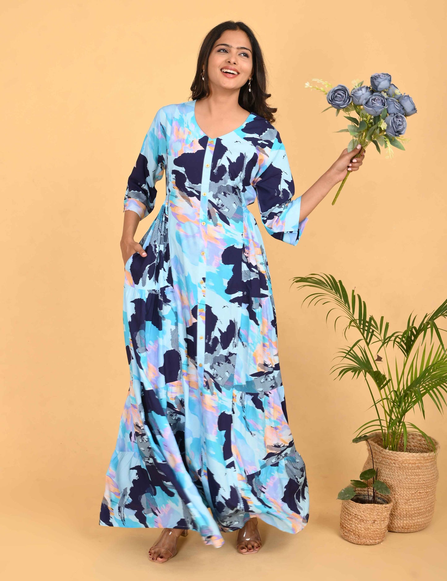 Womens L.Blue-Colored Premium Flare Gown