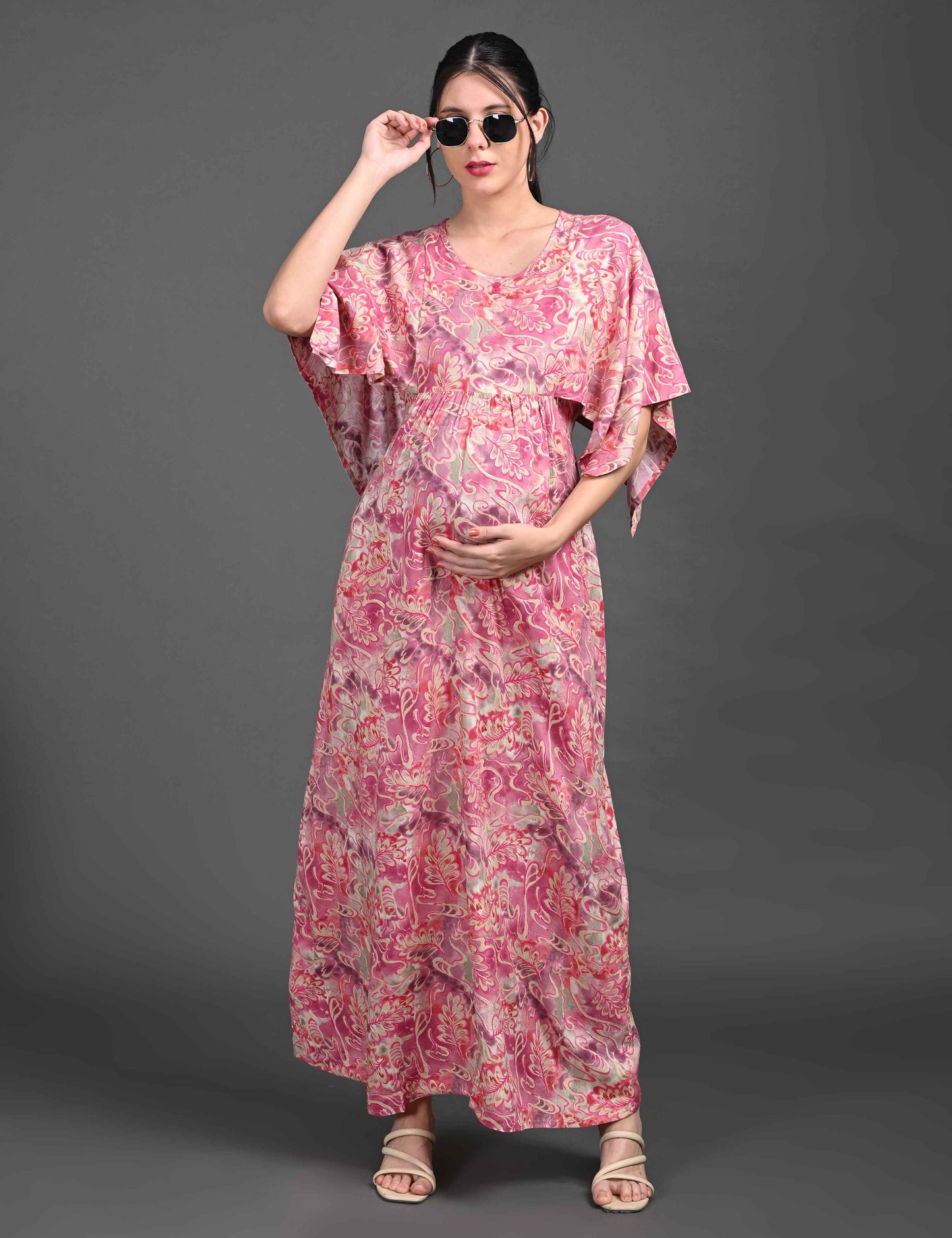 Womens Printed Maternity Long Gown - Pink