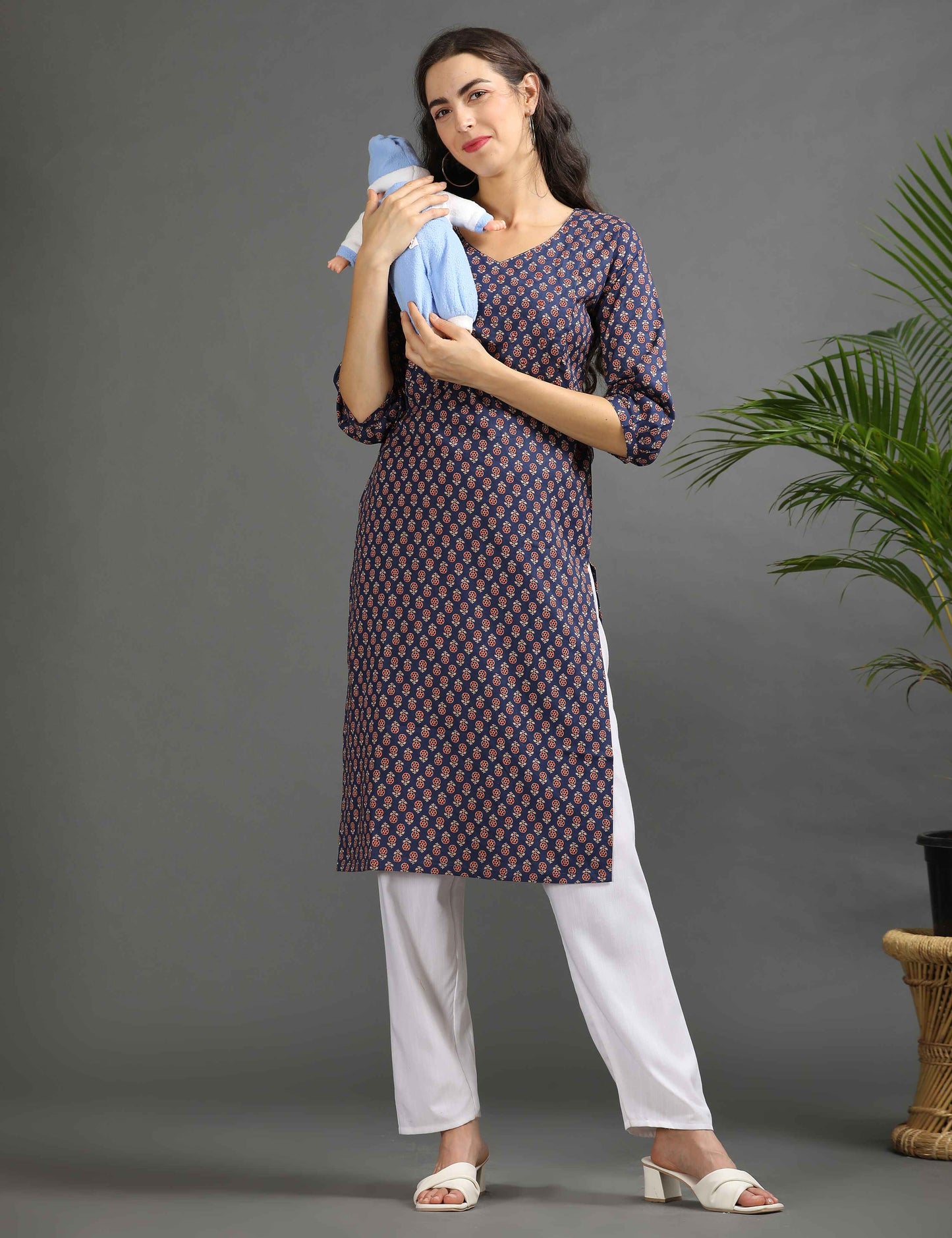 Womens Navy-Colored Printed Feeding Kurta