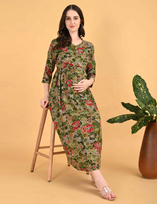 Olive-Colored Maternity 3/4th Gown