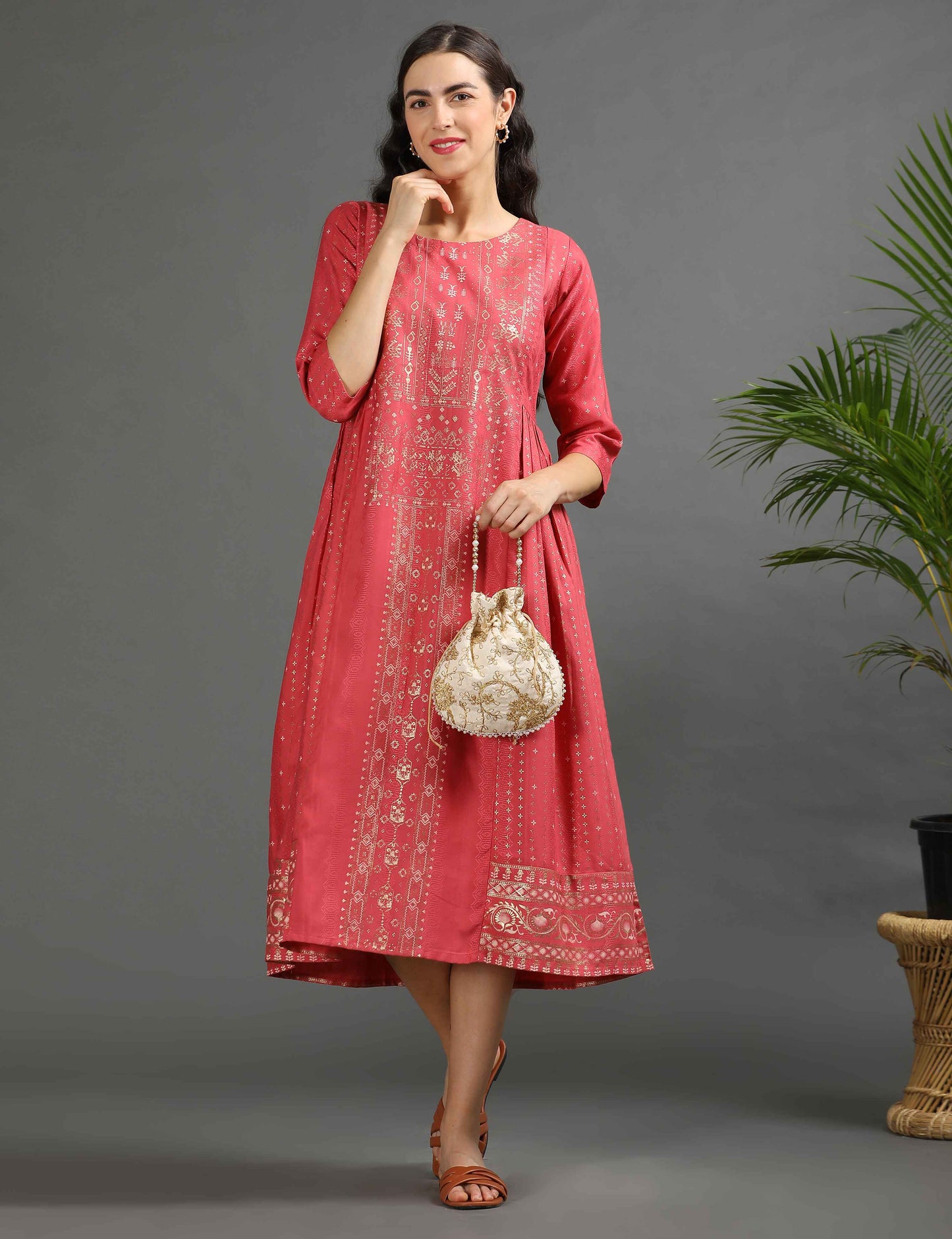 Womens D.Peach-Colored A-Line Kurta