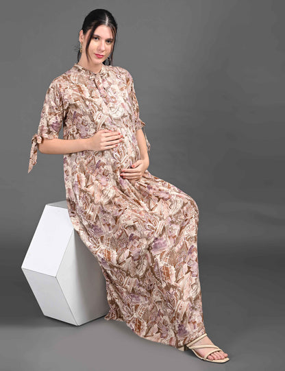 Womens Printed Maternity Long Gown - Brown