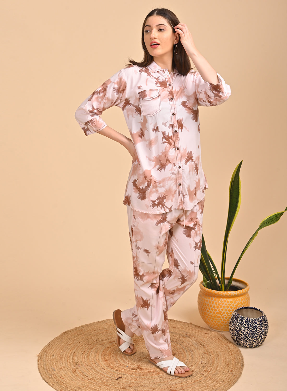 Womens Printed Co Ord Set - Brown