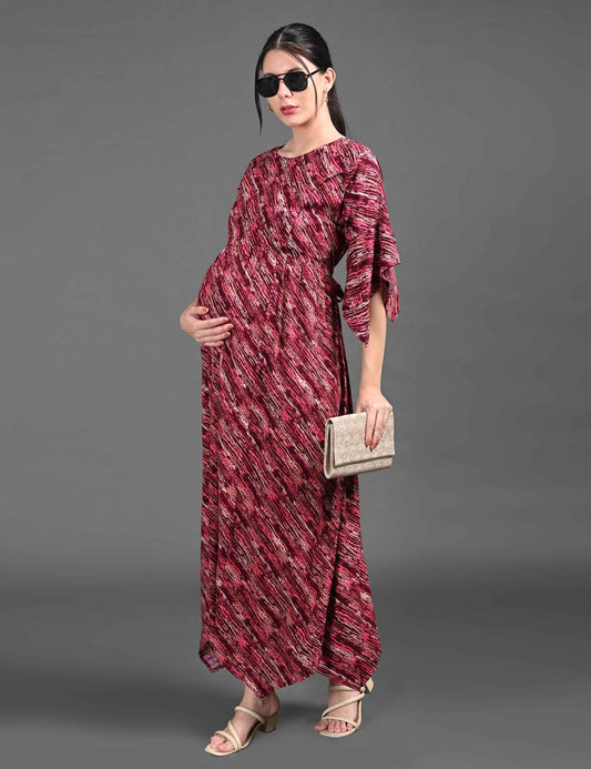 Womens Printed Maternity Long Gown - Maroon