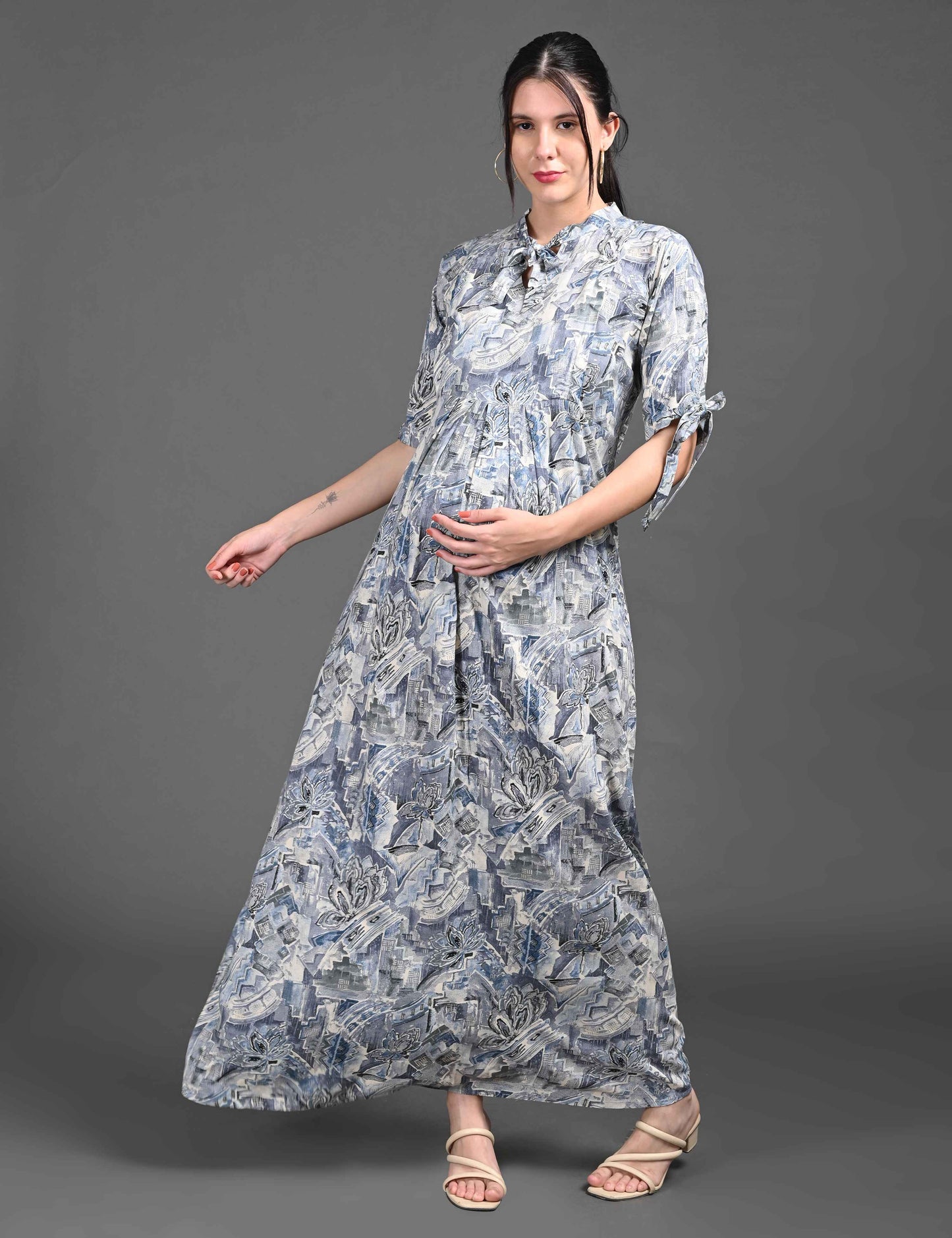 Womens Printed Maternity Long Gown - Grey