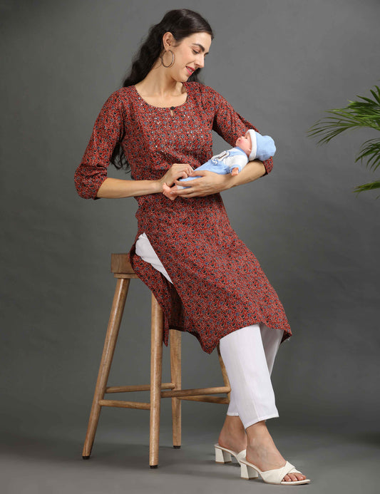 Womens Red-Colored Printed Feeding Kurta