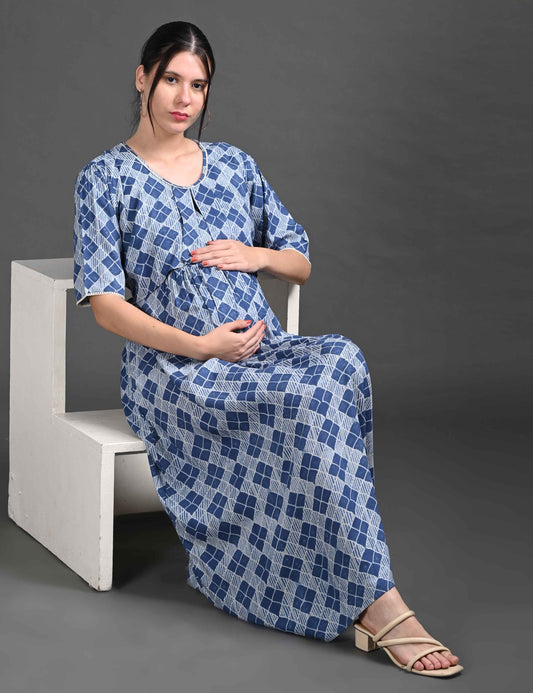 Blue-Colored Maternity 3/4th Gown